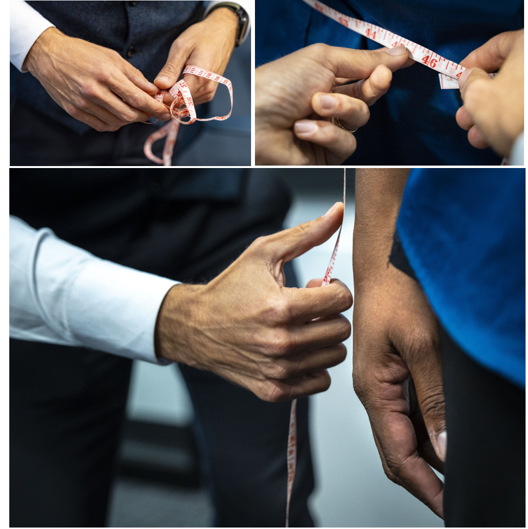 Close-up photos of Brian taking professional measurements during a personal styling and fitting session