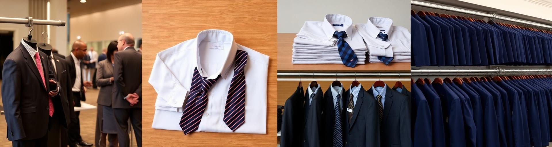 Collage of fittings, networking events, ties, folded shirts, and racks of suits
